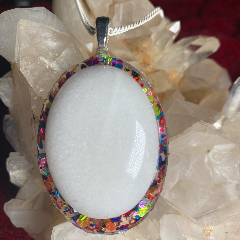 Hand Carved White Jade Cabochon set in confetti resin on white enameled chain